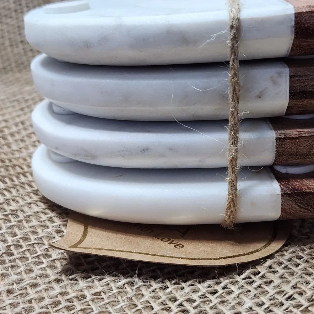 Coasters Handmade Heart Marble and Wood India Boho Farmhouse Rustic Decor 4 NWT